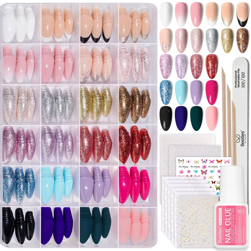 Beetles Press On Nails Kit, 720 Pcs Short Almond, 24 Colors
