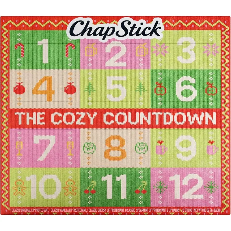 ChapStick Cozy Countdown Advent Calendar Flavored Lip Balm Set, 12-Pack